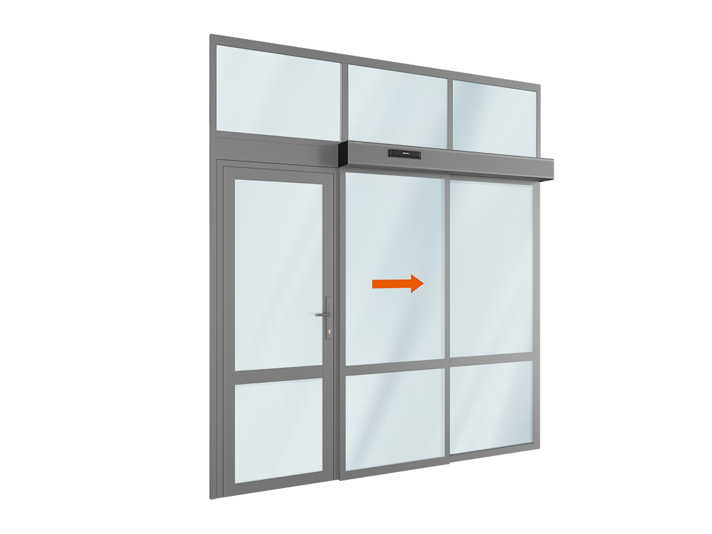 AD-SP privodi uchun avtomatik suriluvchi eshik komplekti (bitta harakatlanuvchi, bitta harakatlanmaydigan, bitta eshik qanoti va yuqoridagi framuqa)